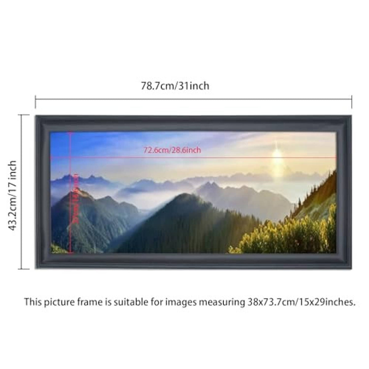 Black panoramic frame with size markings, 78.7 x 43.2 cm