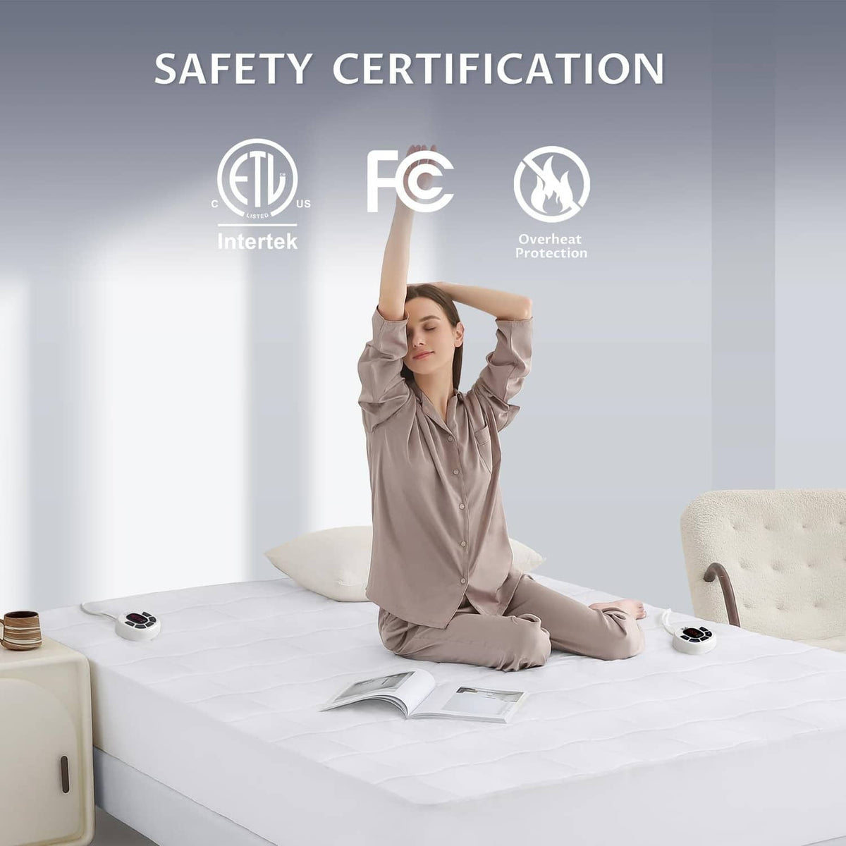 White heated mattress pad with safety certification icons and overheat protection