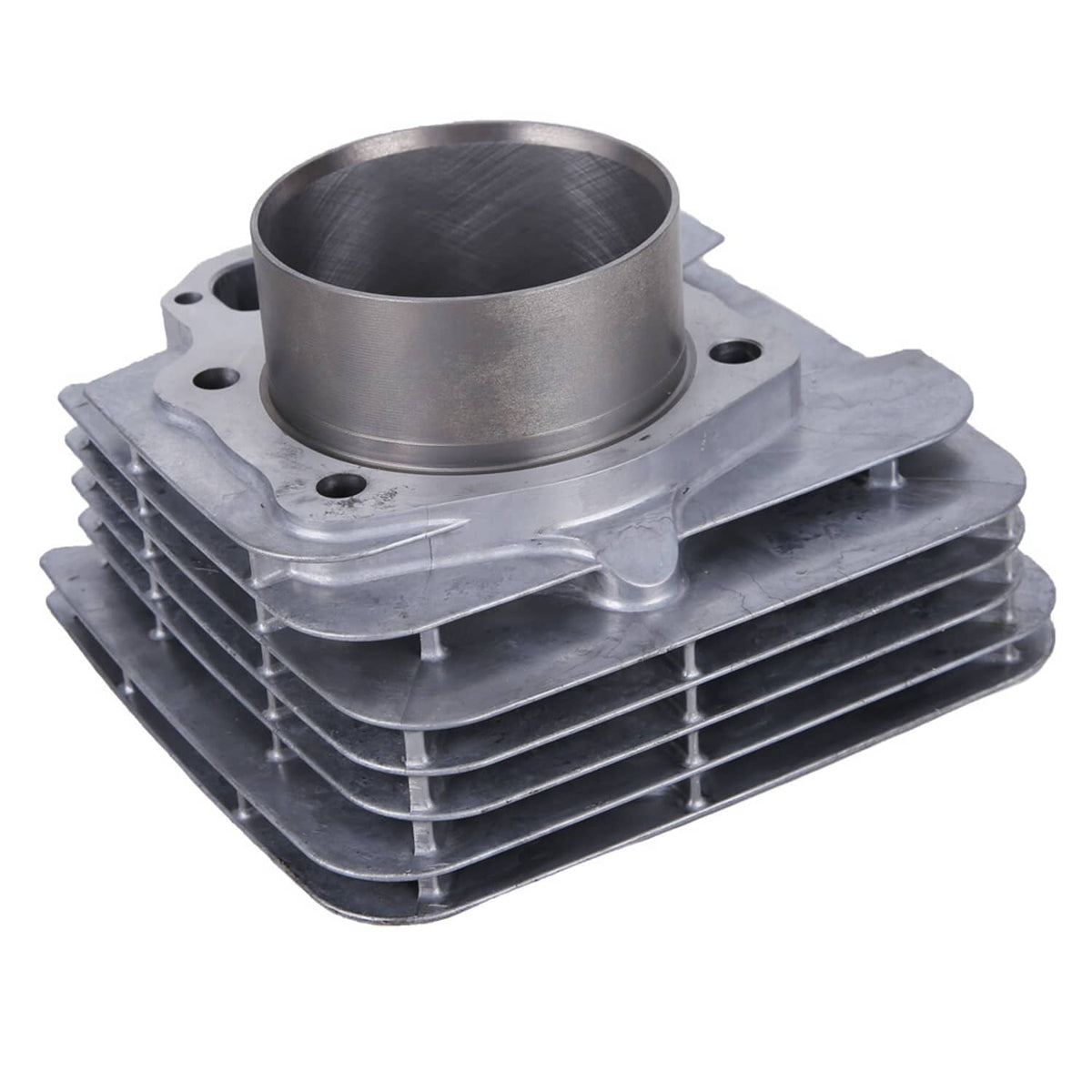 Metal engine cylinder block with machined bore and mounting holes