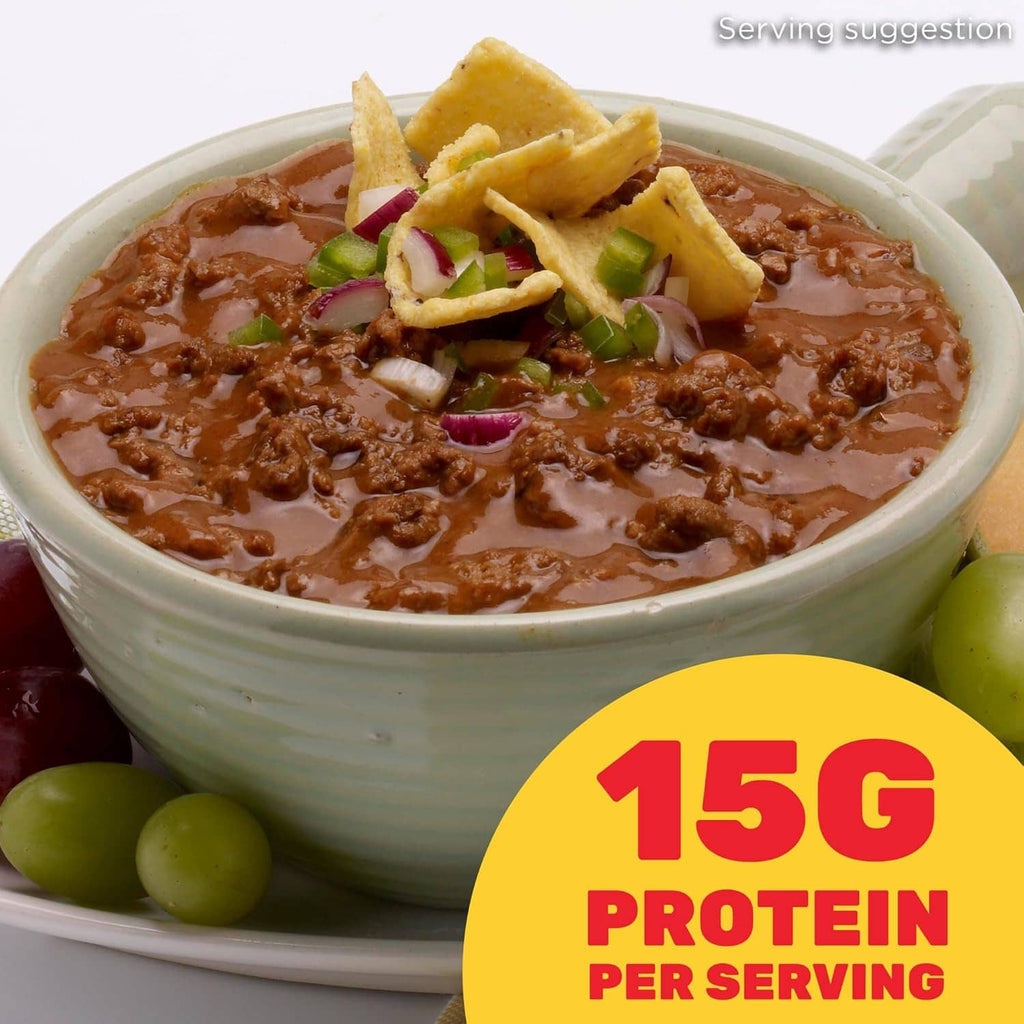Bowl of chili topped with diced onion and cheese, 15g protein per serving