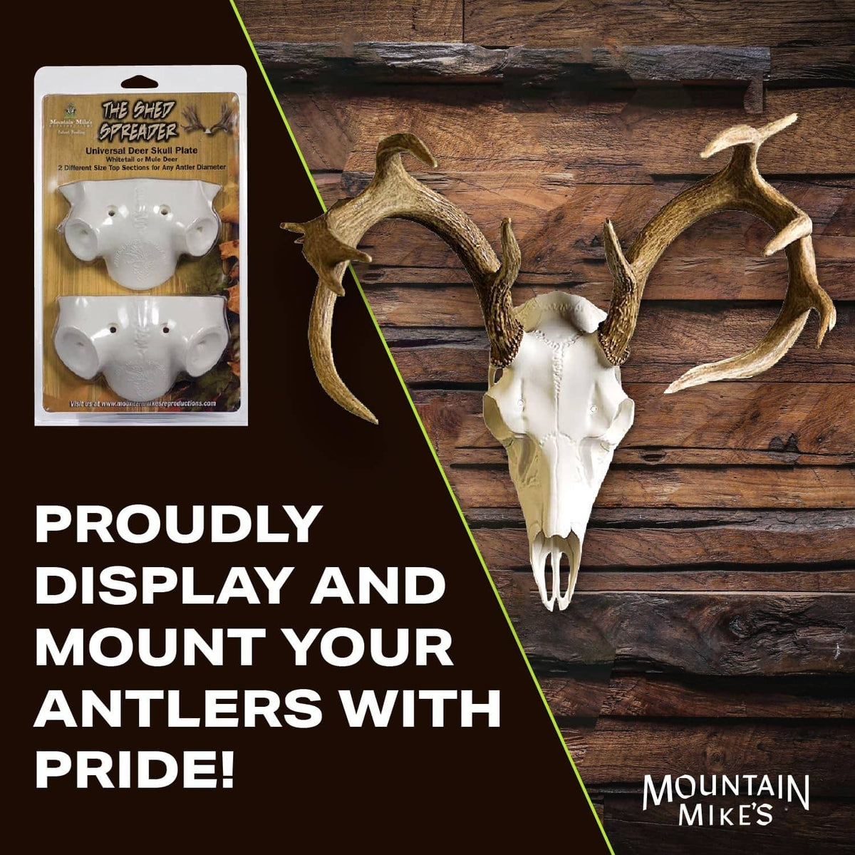Antler mounting kit with white skull plate and dark antler spreaders, in package.