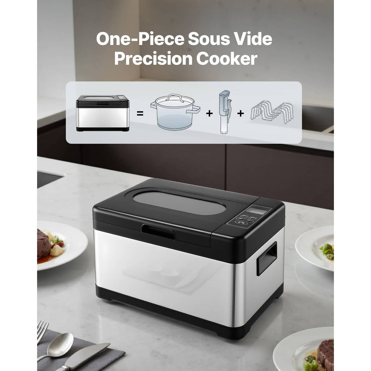 Sous vide precision cooker with black lid and control display, compact white-and-black base