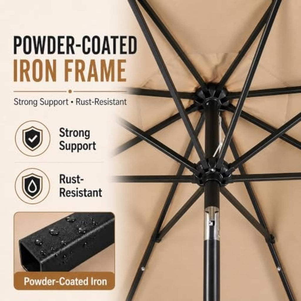 Tan patio umbrella canopy with black powder-coated iron frame and center pole