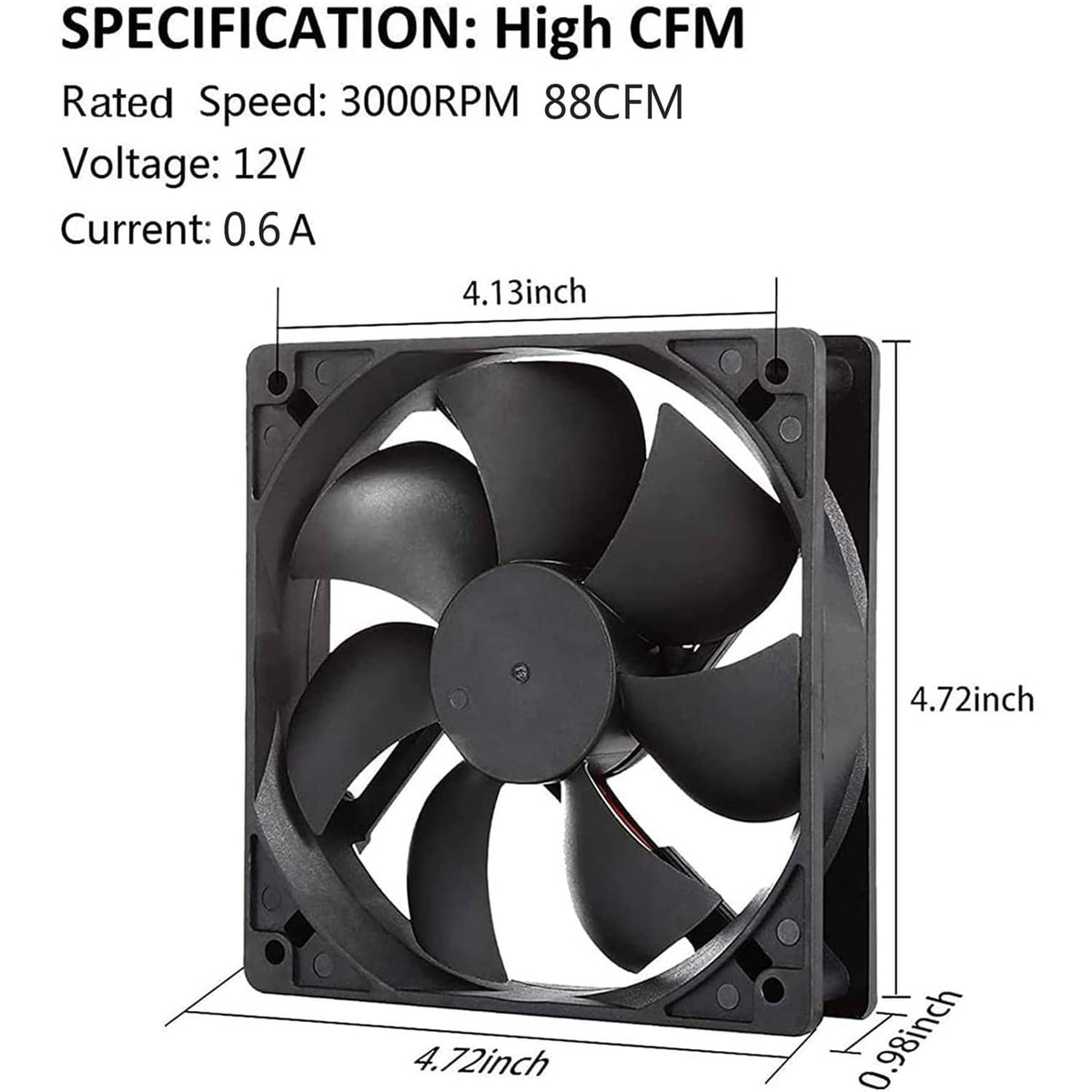 120mm square cooling fan with four black blades and mounting corners
