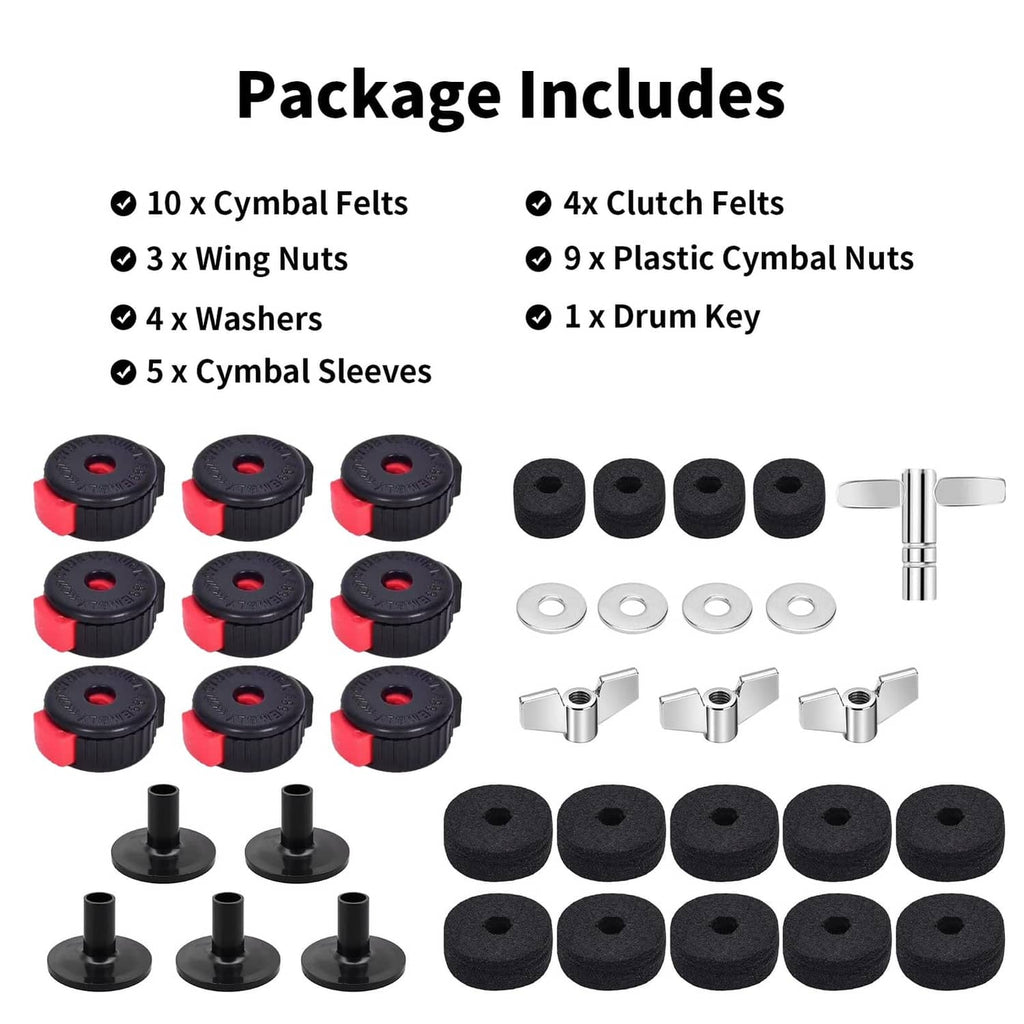 Assorted drum cymbal felts, clutch felts, wing nuts, washers, and drum key