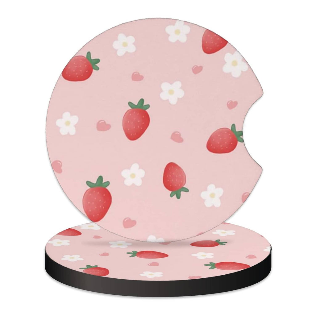 Set of 2 pink strawberry car cup coasters with flower pattern, round rubber pads