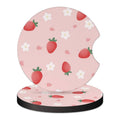 Set of 2 pink strawberry car cup coasters with flower pattern, round rubber pads