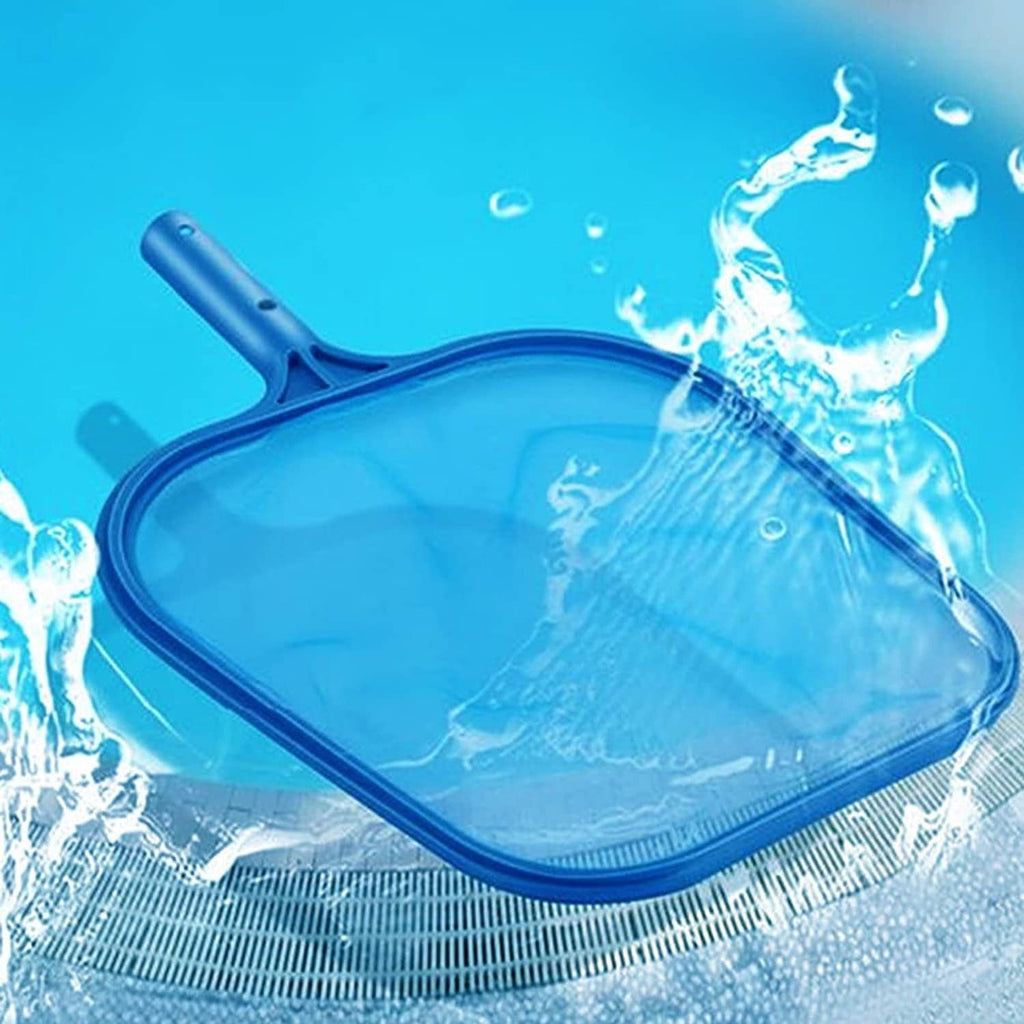 Blue pool skimmer net with long handle and fine mesh bag