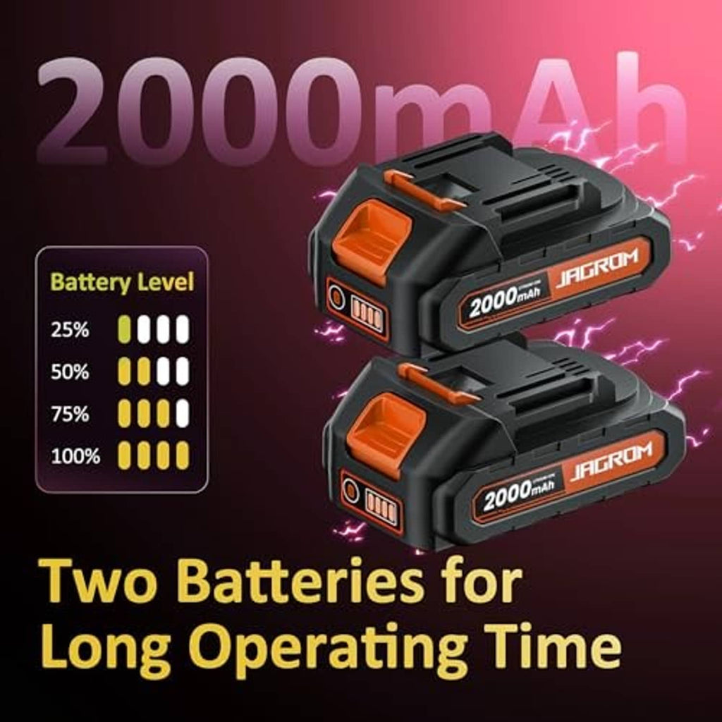 Pair of black-orange 20V battery packs with battery level indicators for trimmer