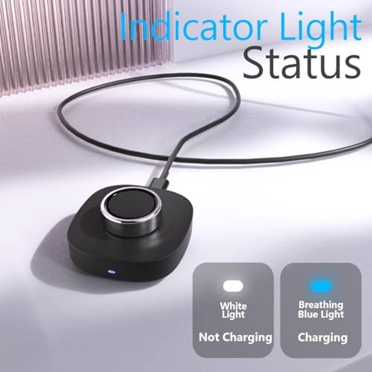 Black charging dock with blue status light and USB-C cable