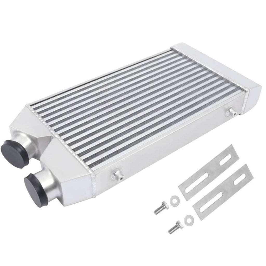 Aluminum intercooler with fin core, black ports, and side mounting plates with bolts