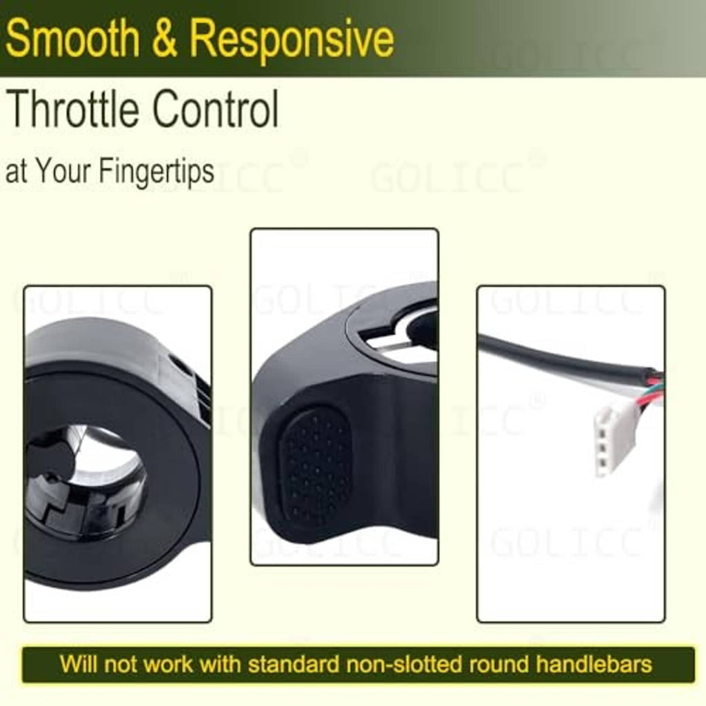 Black thumb throttle control with cable and white multi-wire connector, close-up view