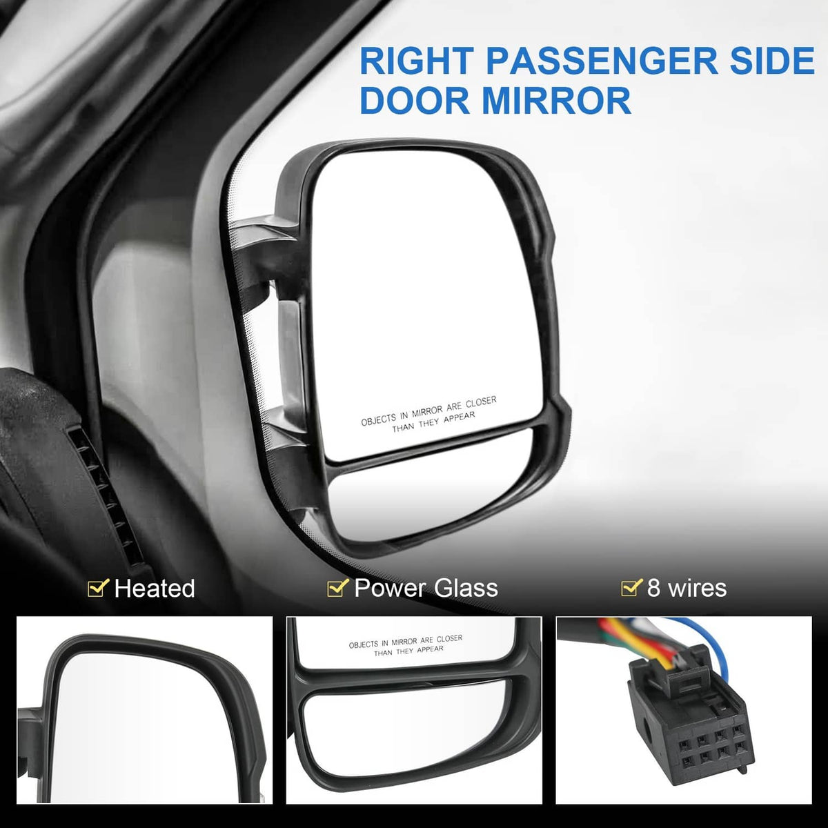 Right passenger side door mirror with black frame and clear glass insert