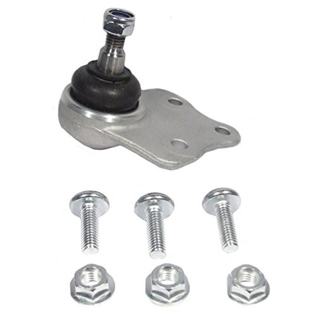 Suspension ball joint with metal base plate and black rubber boot, with six bolts