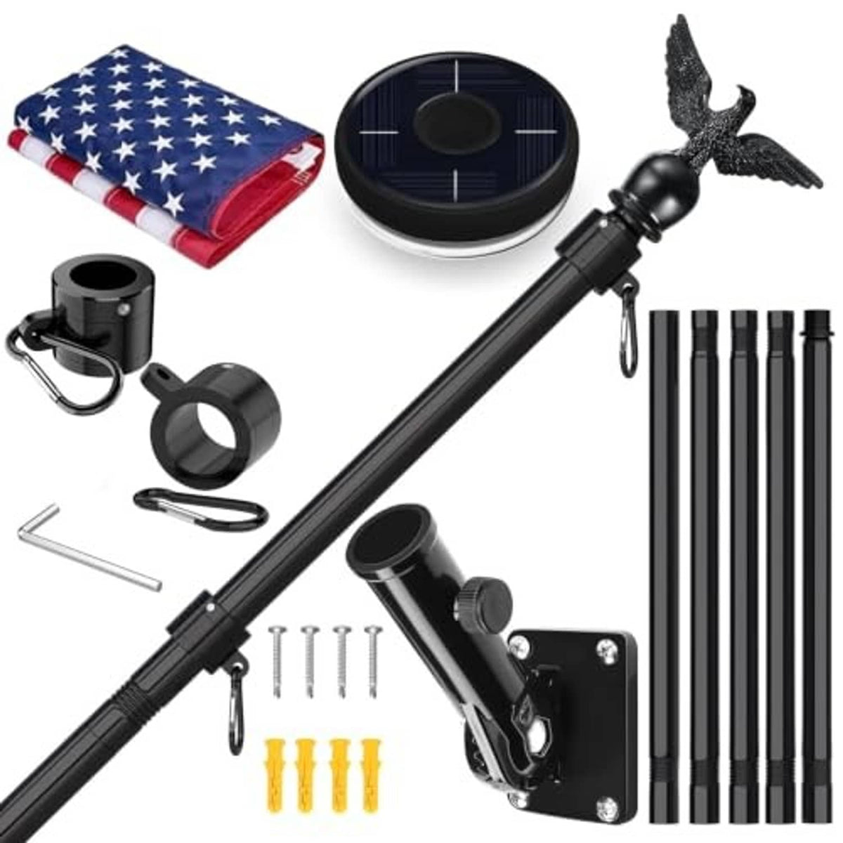 6 ft black solar flagpole kit with solar panel, bird finial, and pole mounting accessories