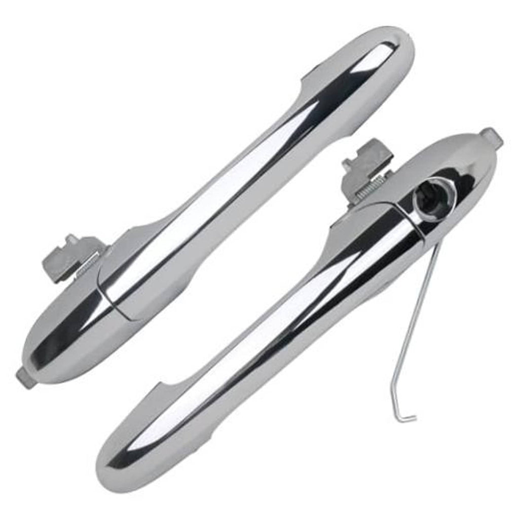 Chrome exterior door handle pair with keyhole and mounting hardware