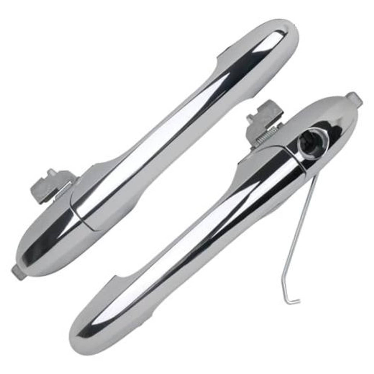 Chrome exterior door handle pair with keyhole and mounting hardware