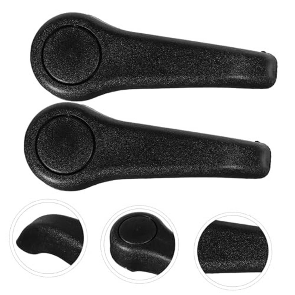 Two black car seat adjustment lever handles, textured grip with round buttons