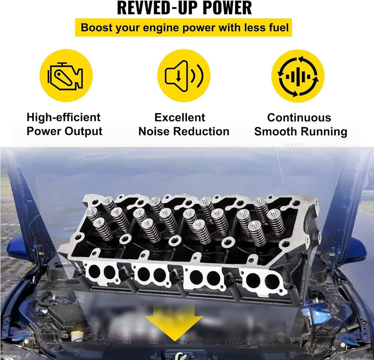Engine cylinder head with valve springs installed, showing port openings along the top.
