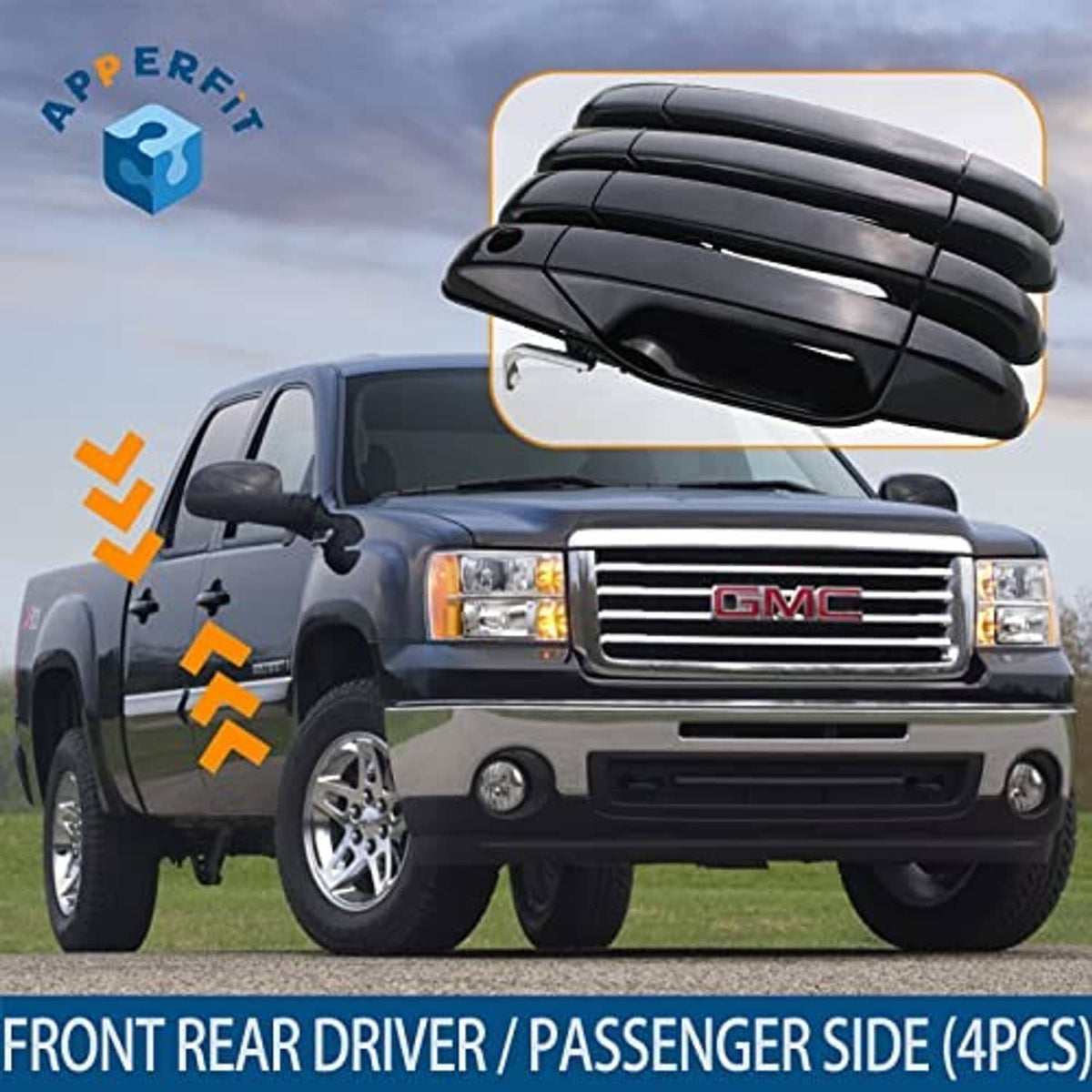 Black 4-pack exterior door handles placed on a GMC pickup front and side