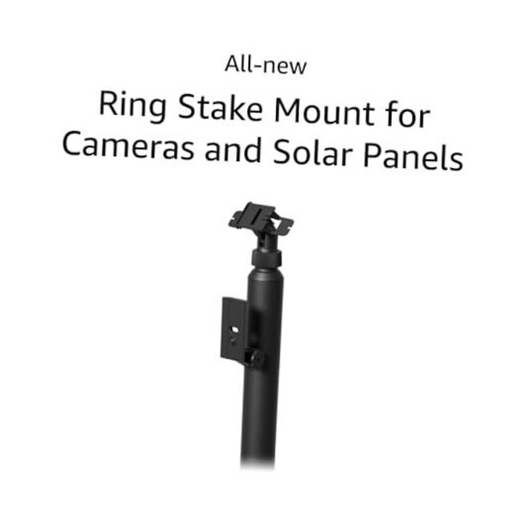 Black stake mount for ring cameras and solar panels with side bracket