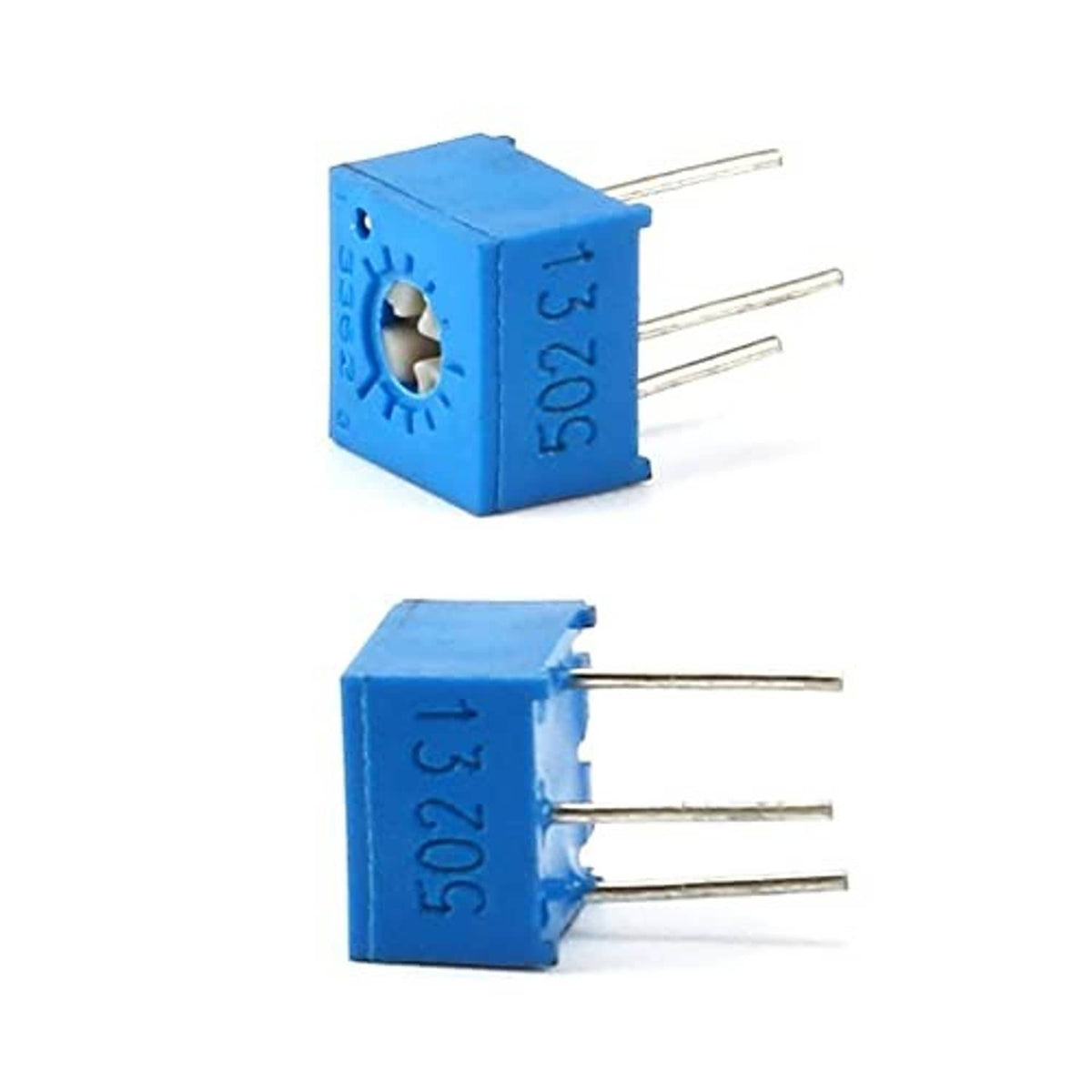 Single-turn trimmer potentiometer with blue body and three metal adjustment pins.