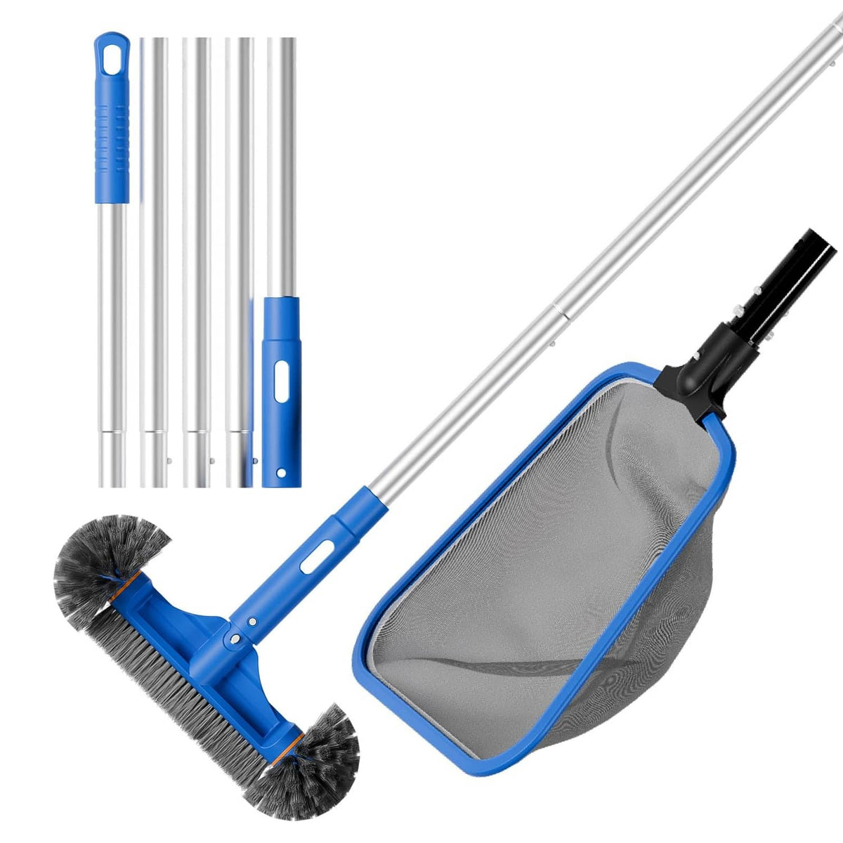 Blue pool cleaning kit tools: skimmer net, corner brush, and extension poles.