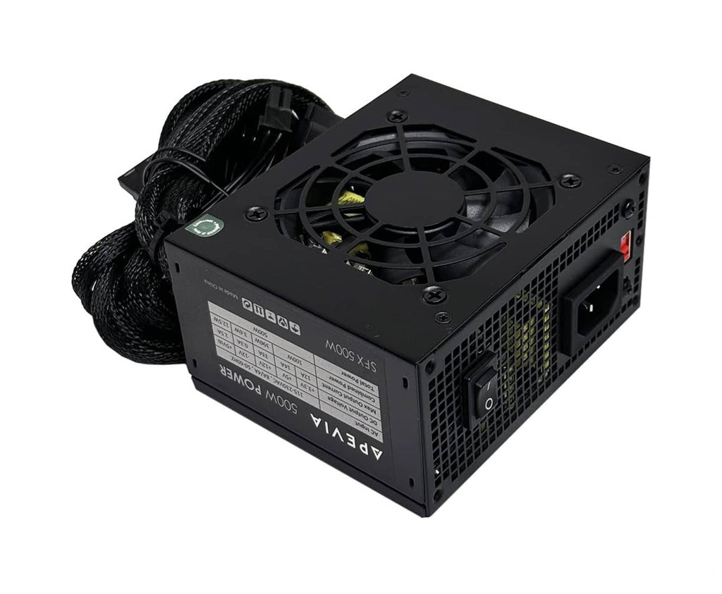 Black SFX power supply with cooling fan and braided cable bundle