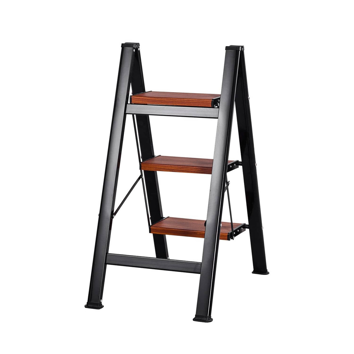 3-step folding ladder with wide non-slip steps, black frame and brown treads