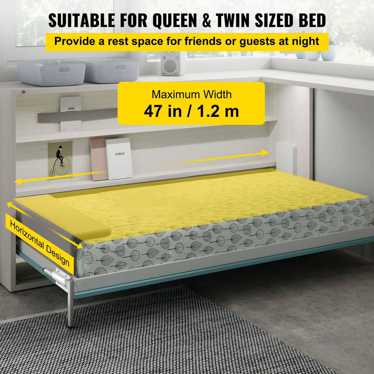 Horizontal Murphy wall bed spring mechanism hardware kit with folding support frame