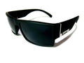 Black flat-top sunglasses with dark lenses and silver temple branding