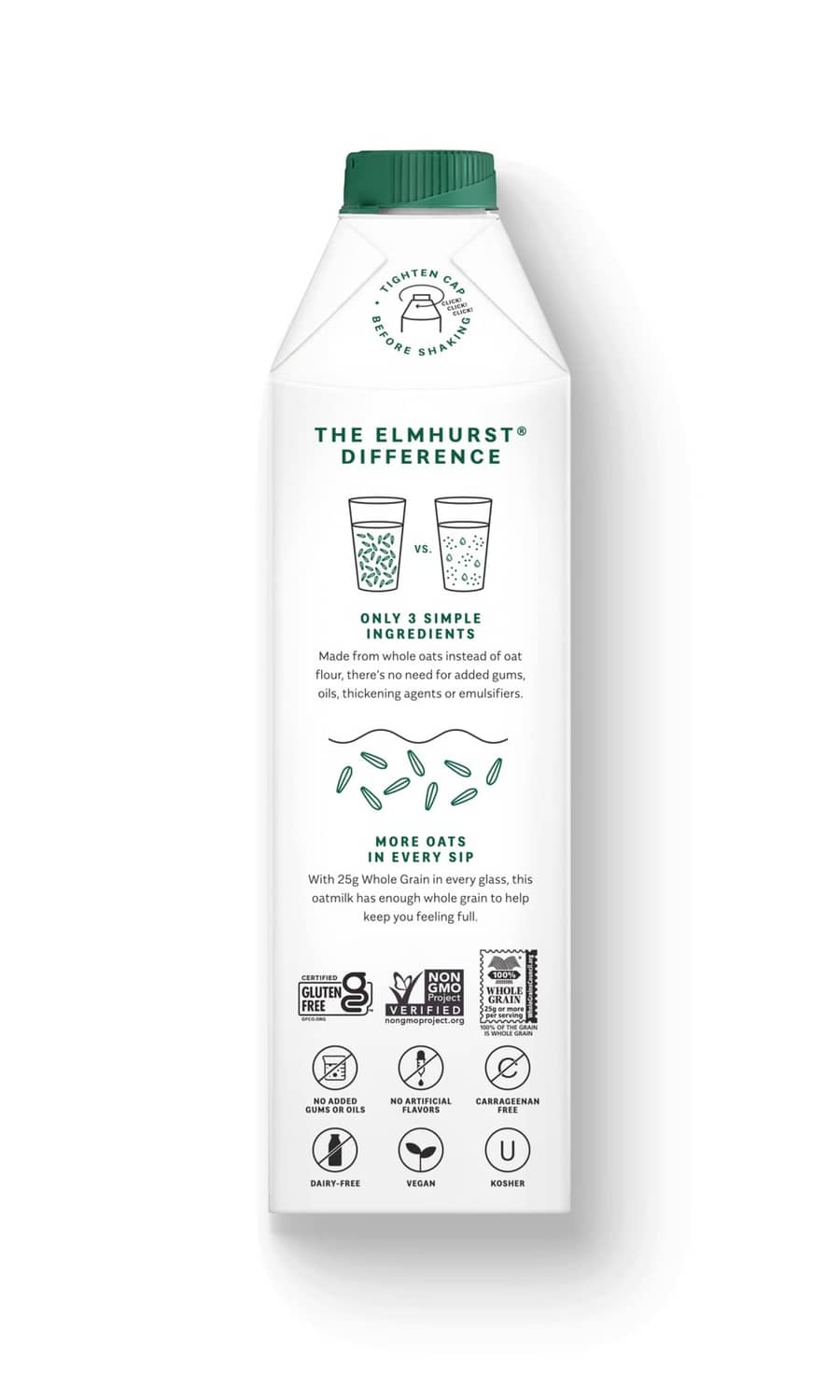 Unsweetened oat milk carton back with Elmhurst “difference” text and recycling icons.