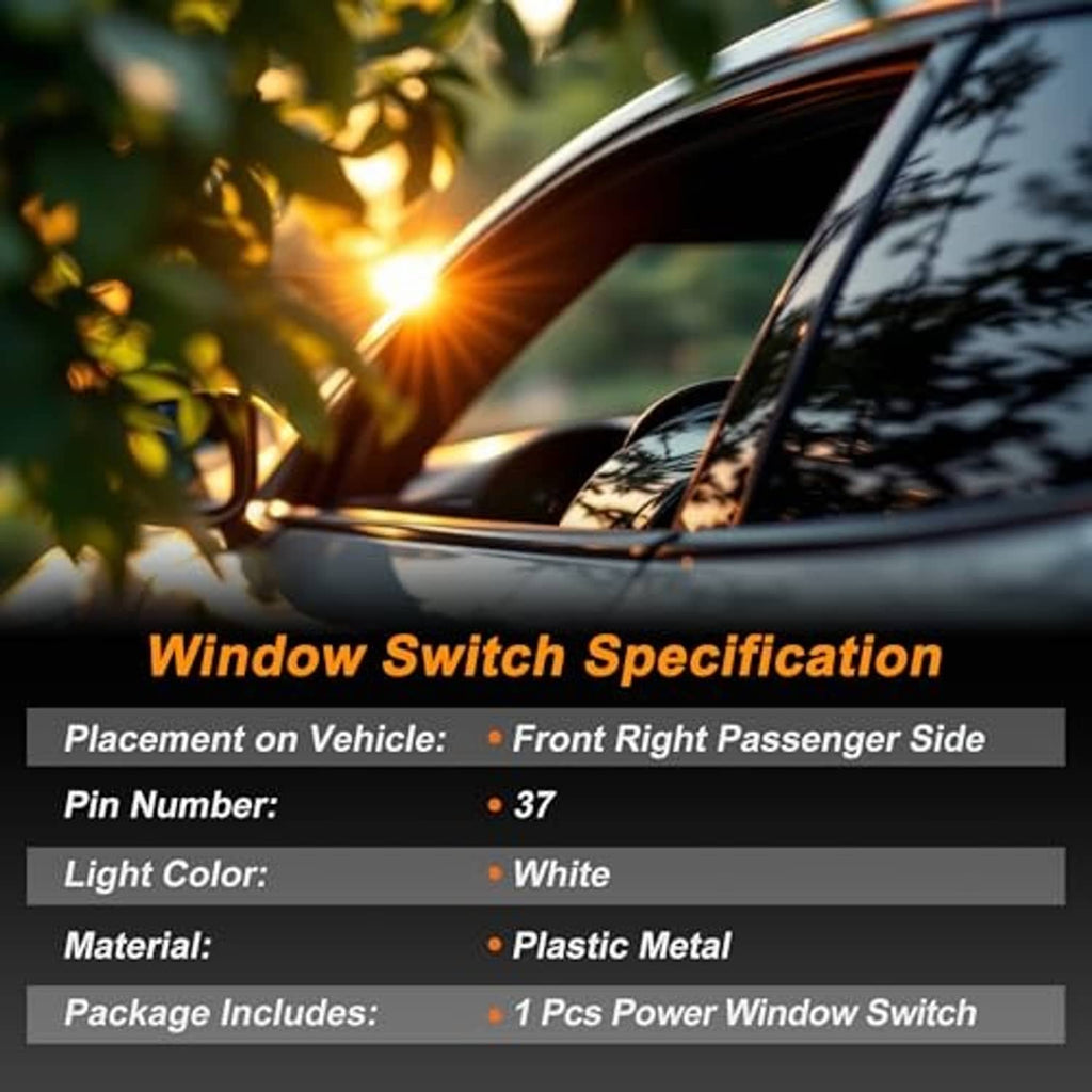 Car window power switch specification card with placement and pin details, black text