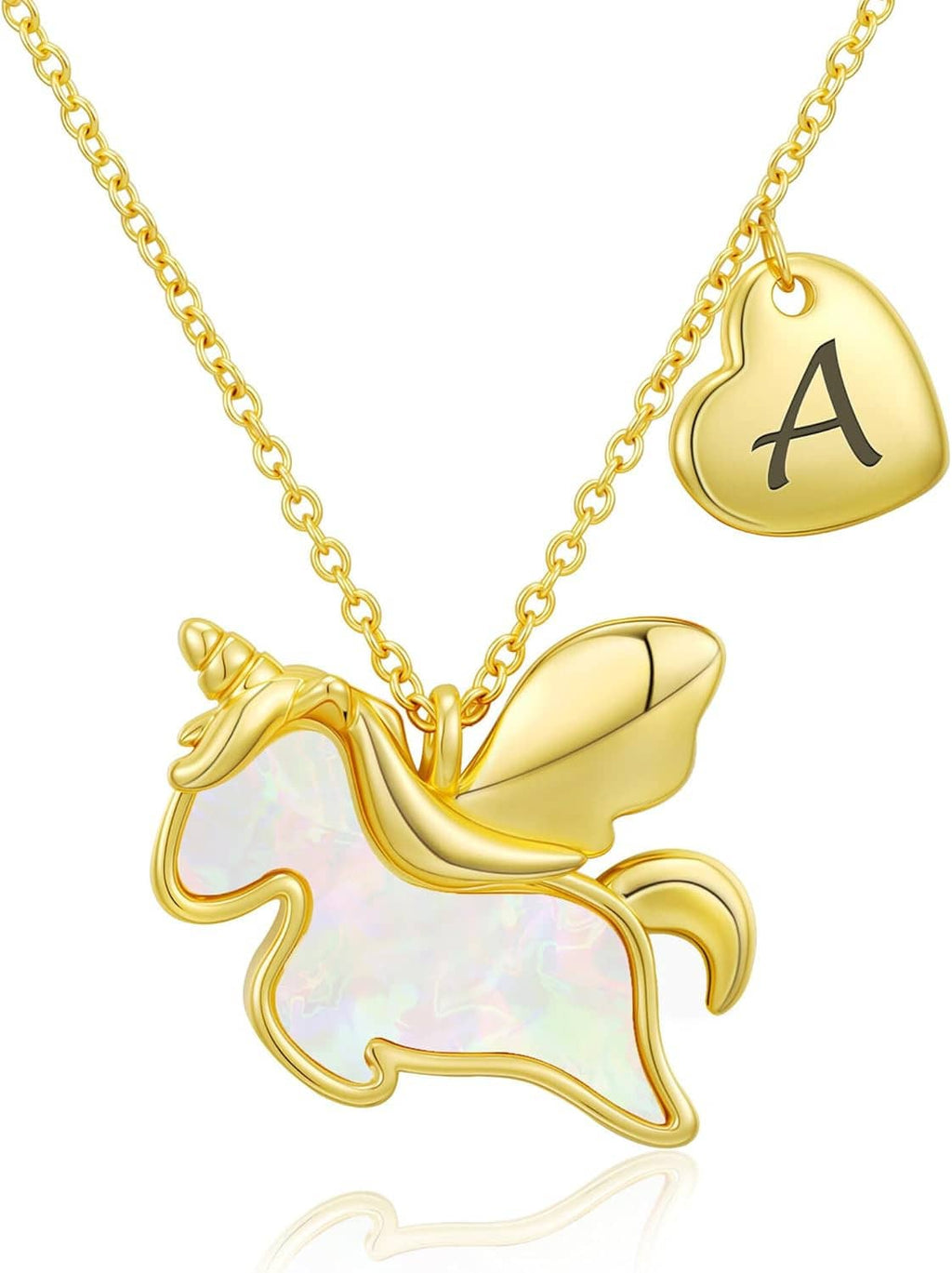 Unicorn pendant necklace featuring heart initial A charm and gold-tone link chain.