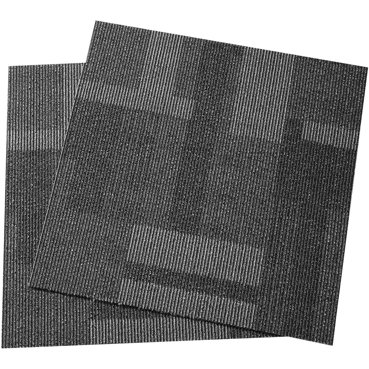 Mixed gray carpet tile squares stacked, showing textured weave top layer