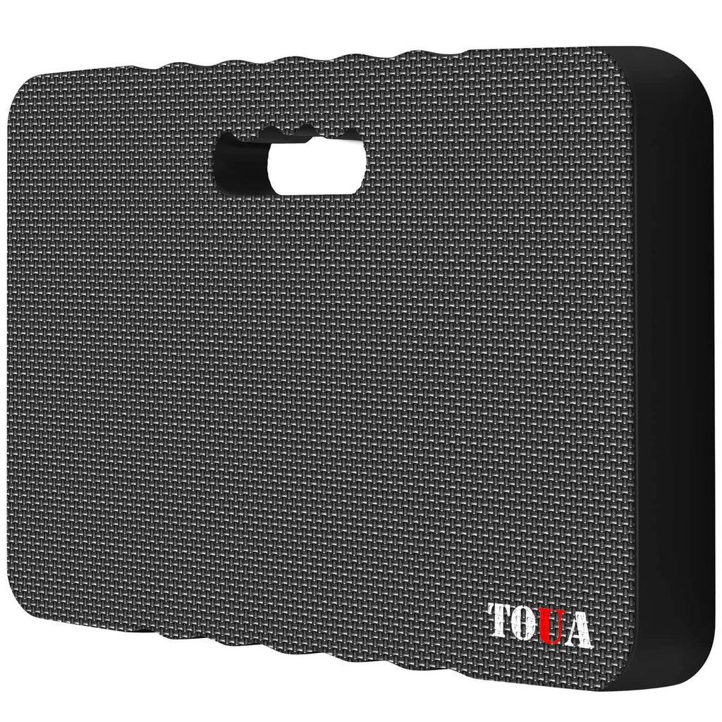 Large dark gray kneeling pad with textured fabric and built-in carry handle, thick foam.