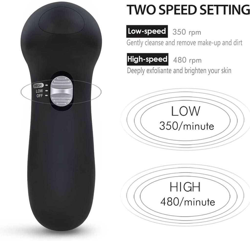 Black electric face scrubber showing two speed settings with brush head