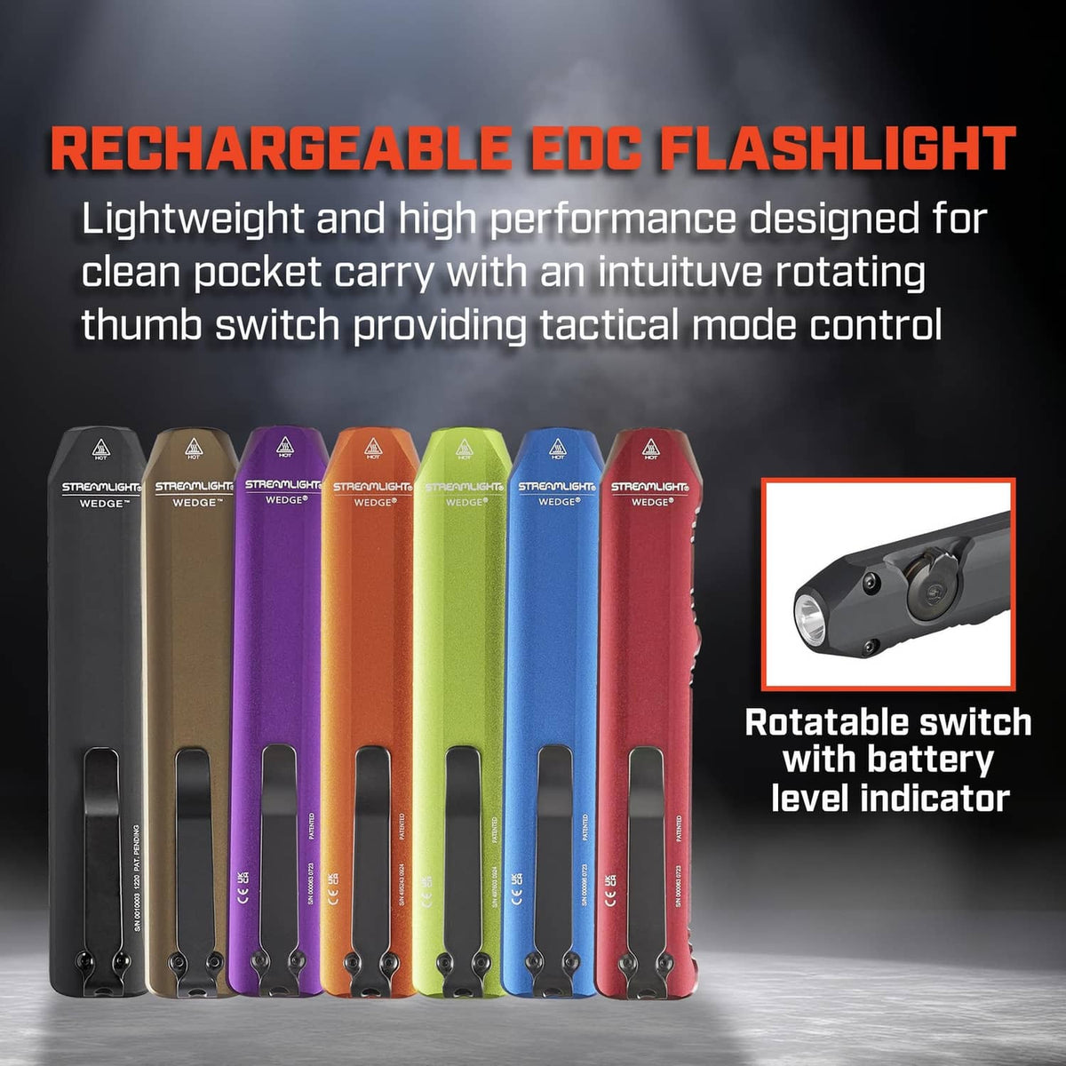 Rechargeable EDC flashlight lineup in multiple colors with rotatable switch detail