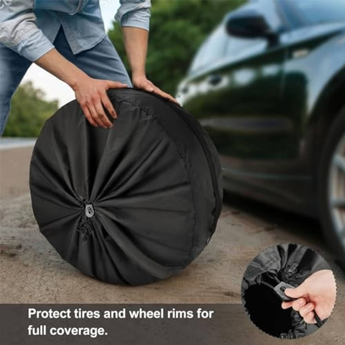 Black spare tire cover with drawstring closure and protective reinforced fabric