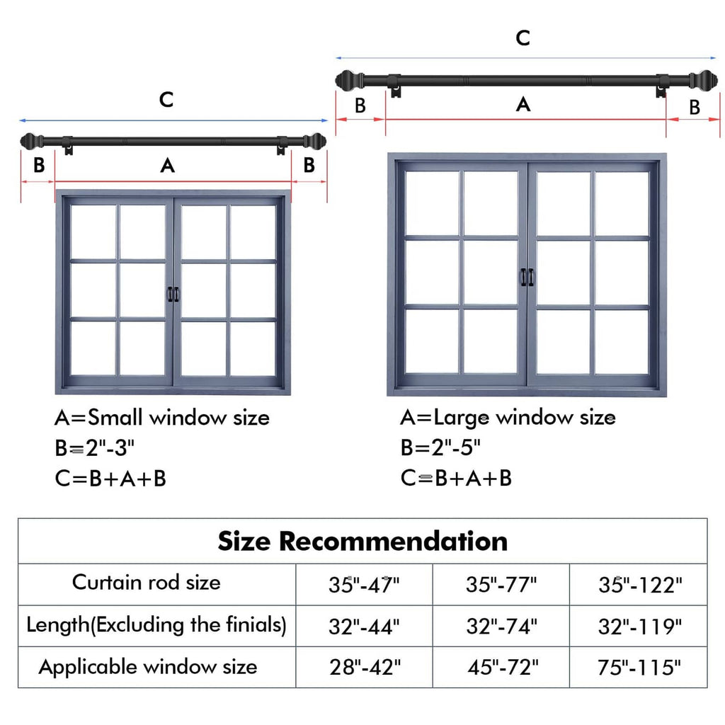 Matte black curtain rod mounting size guide with window width measurements