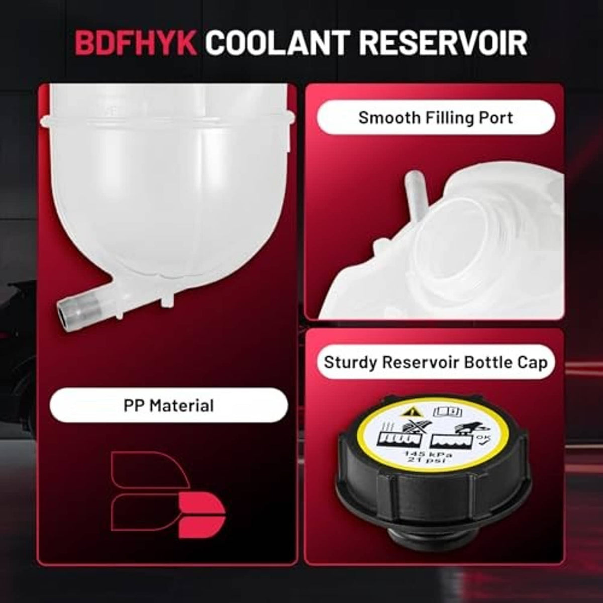 White coolant reservoir with smooth fill port and black reservoir cap