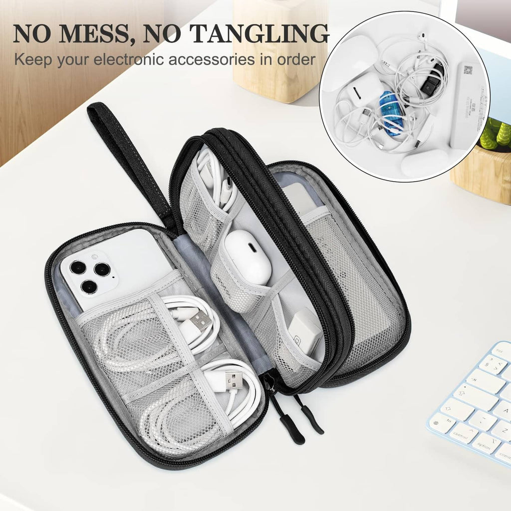 Black zip travel cable organizer pouch holding cables, chargers, and small devices