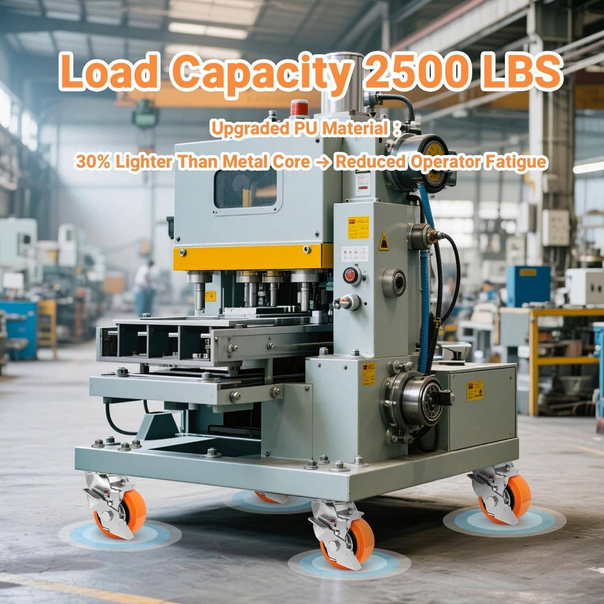 Heavy-duty industrial caster set on a machine base with orange polyurethane wheels