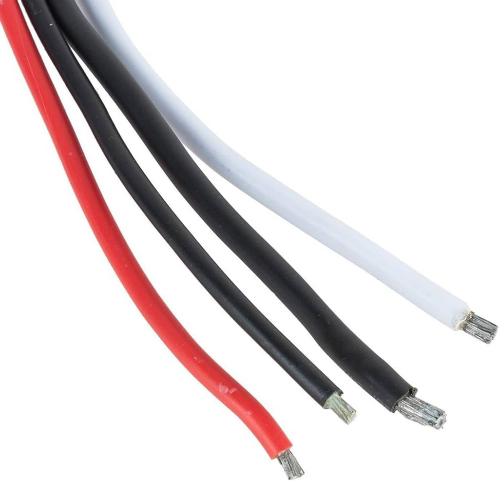 Power converter wire leads with red, black, and white insulated cables and exposed ends