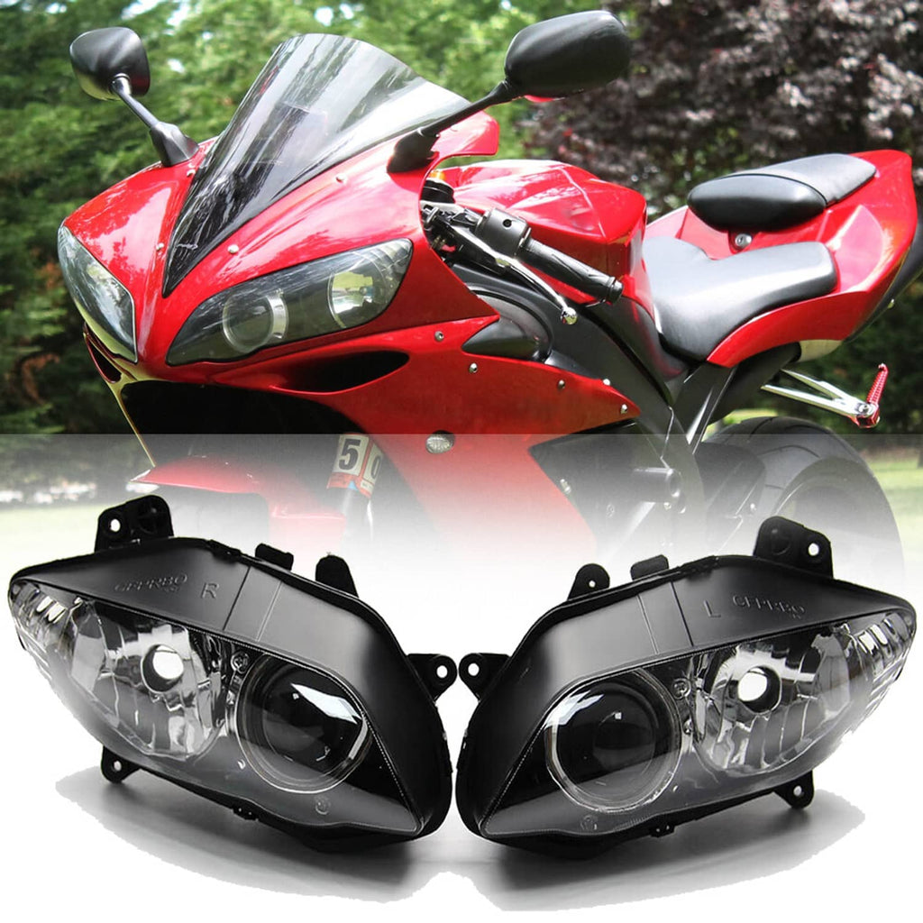 Black dual headlights with upper fairing bracket shown under a red sport motorcycle