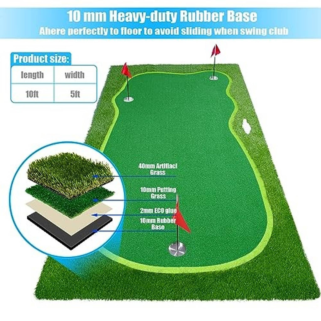 Golf putting green mat diagram showing 10ft by 5ft size and rubber base thickness