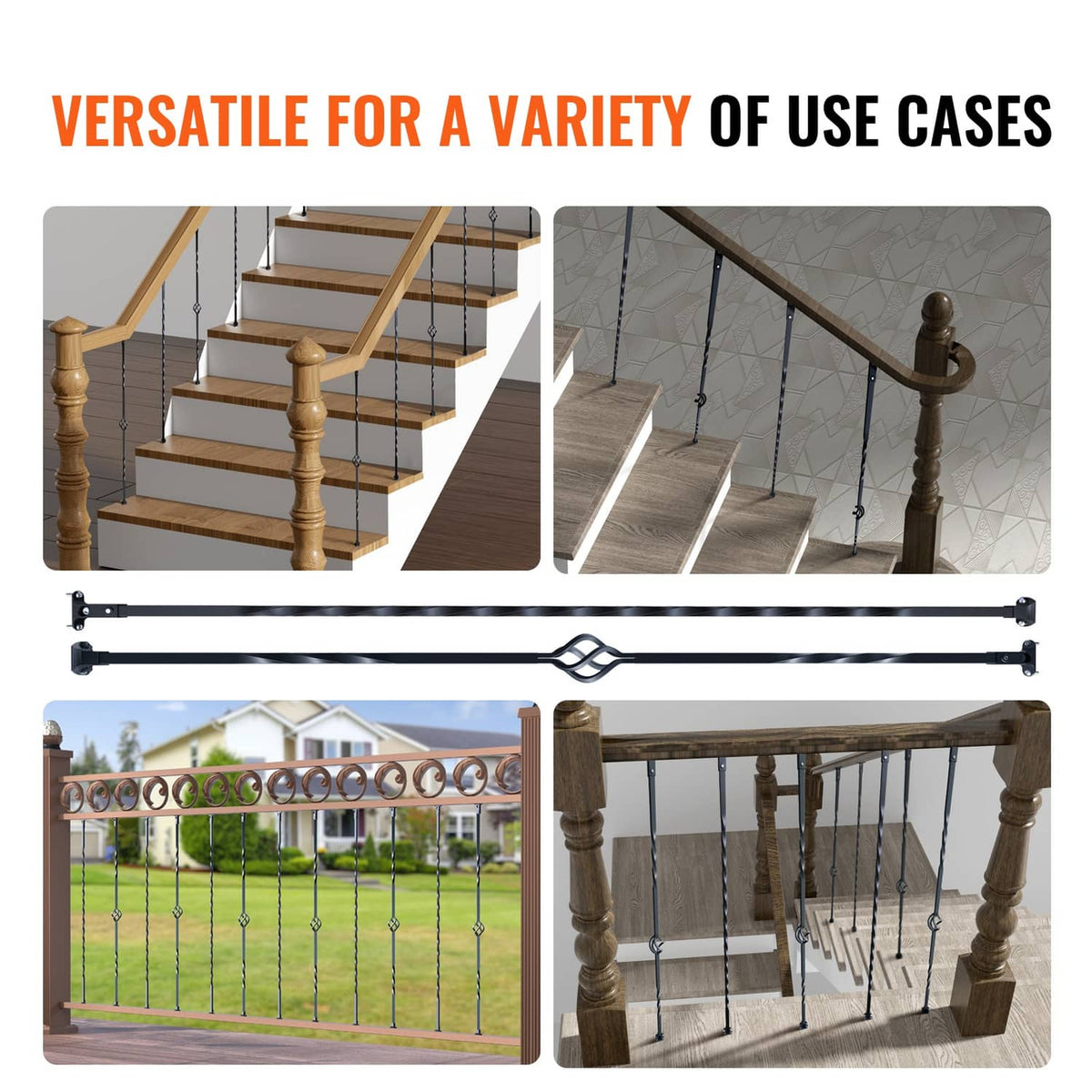 Baluster set with twist rods and decorative basket rings for stair and deck railings