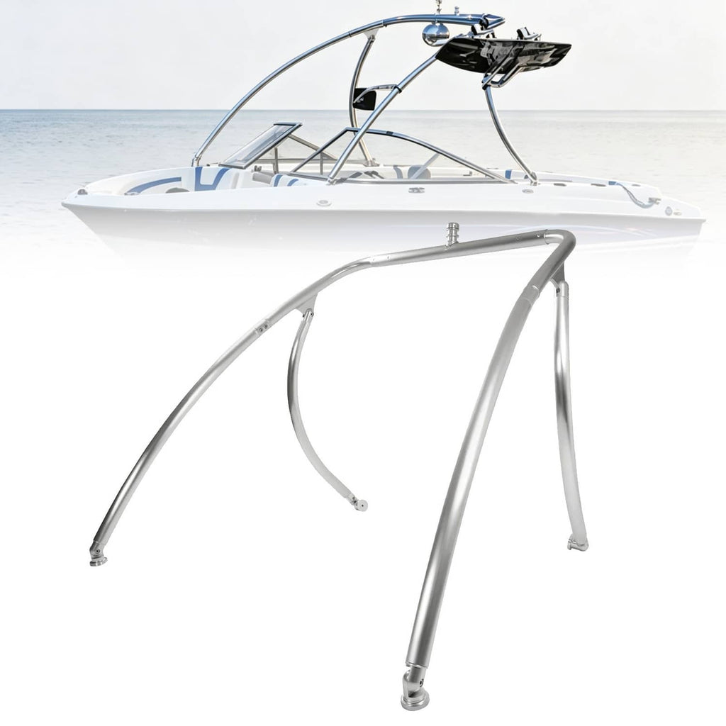 Aluminum wakeboard tower frame with silver tubing and curved support legs