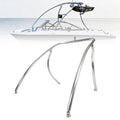 Aluminum wakeboard tower frame with silver tubing and curved support legs
