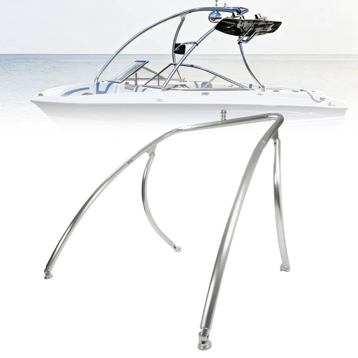 Aluminum wakeboard tower frame with silver tubing and curved support legs